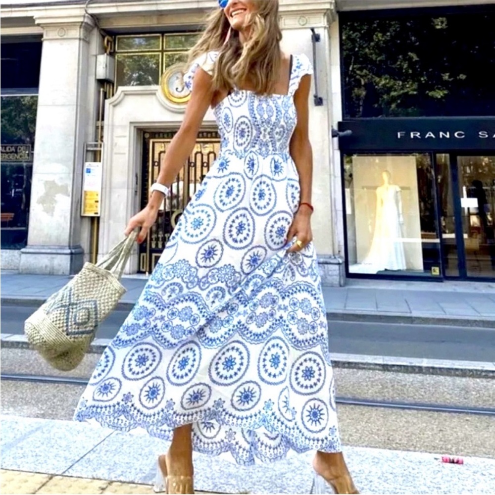 Zara embroidered blue and white dress